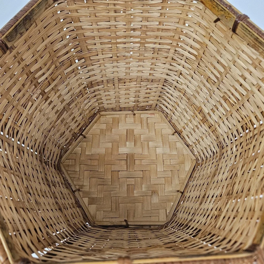 Vintage Tortoiseshell Bamboo Basket Planter Wastepaper Trash Can Boho MCM Rattan
